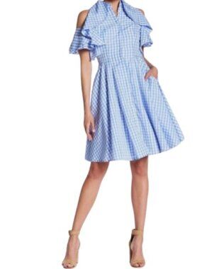 Alton Gray Womens Cold Shoulder Flare Dress Blue Gingham Ruffled Pockets 6